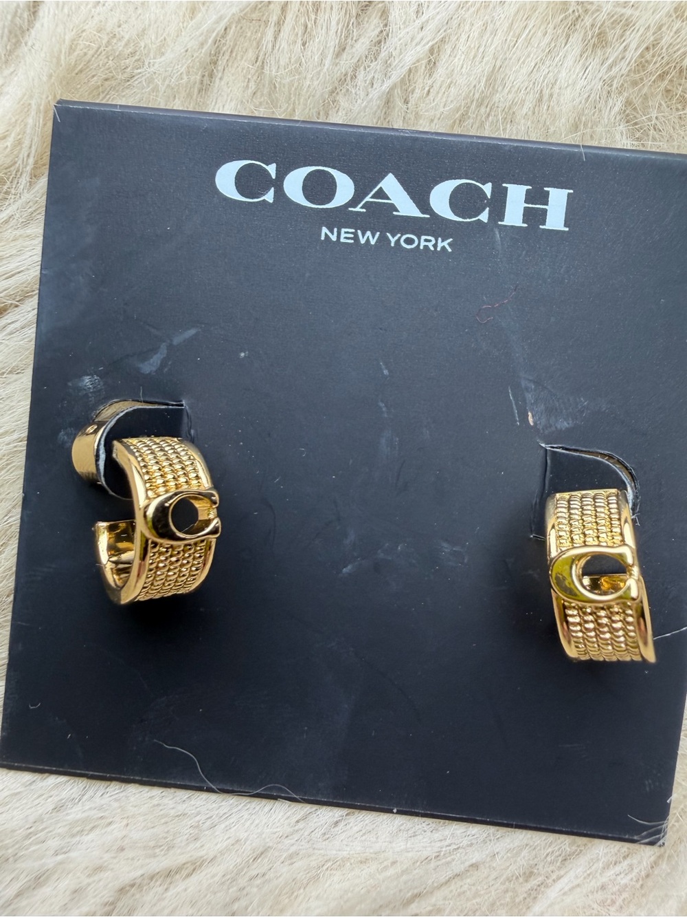 Coach Gold-Tone Textured C Huggie Hoop Earrings - Picture 2 of 6
